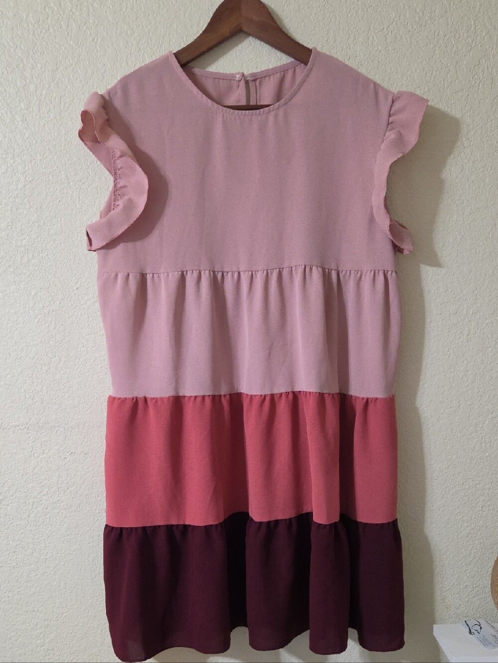 SHEIN Pink Tiered Colorblock Ruffle Sleeve Dress